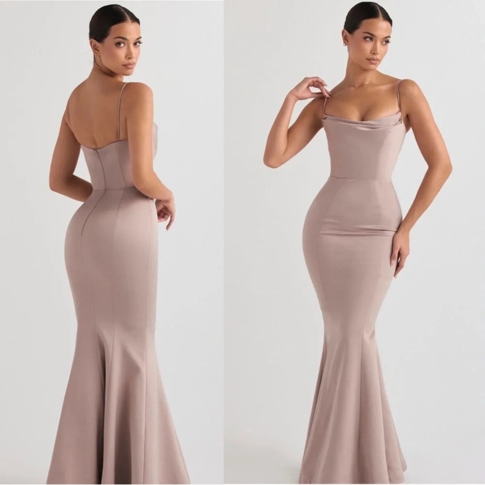 HOUSE OF CB "Violette" Mushroom Satin
Fishtail Gown Dress NWOT